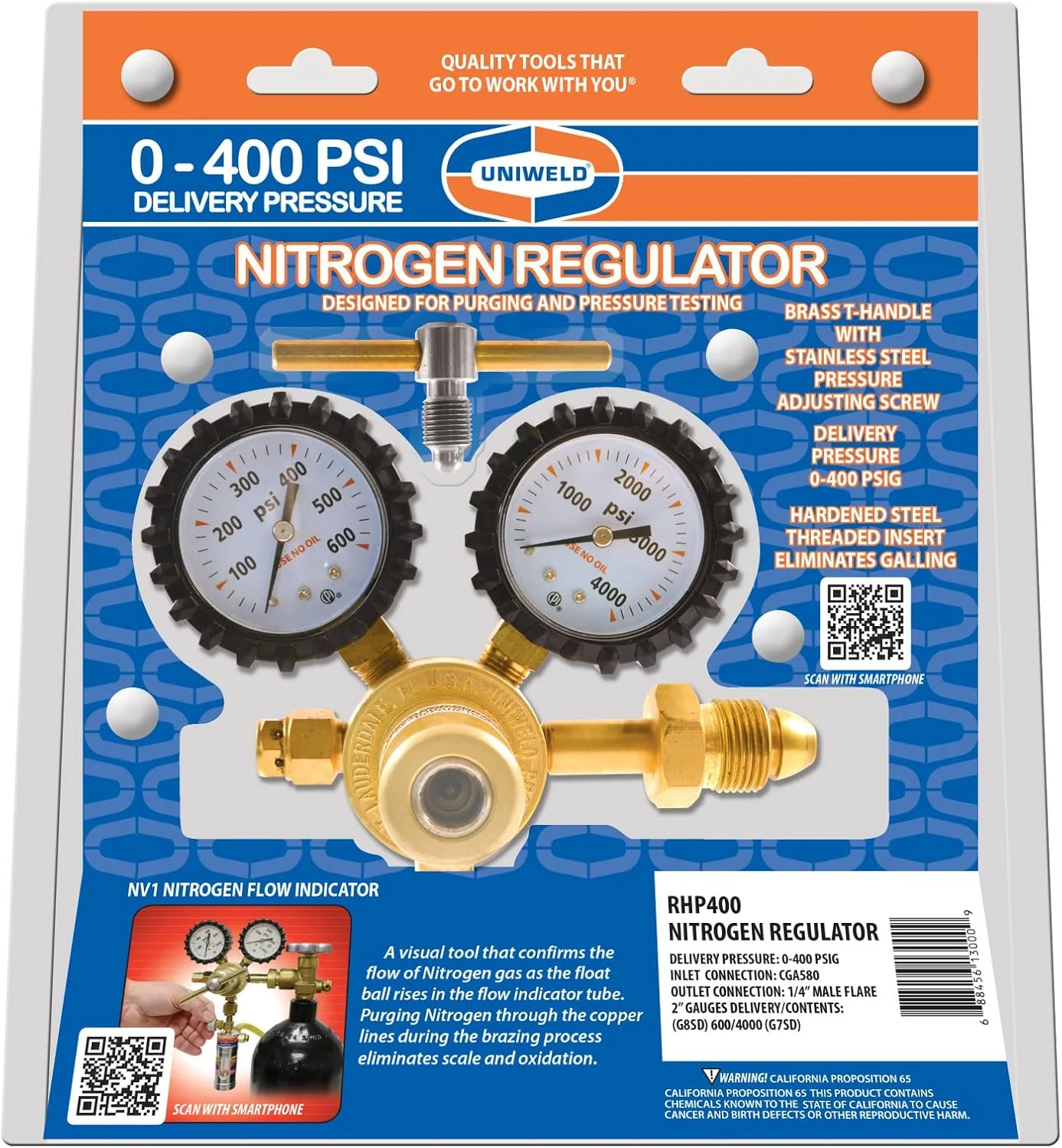 81CxUUsy8WL._AC_SL1500.webp Uniweld RHP400 Nitrogen Regulator with 0-400 PSI Delivery Pressure, CGA580 Inlet Connection and 1/4-Inch Male Flare Outlet Connection - Image 1