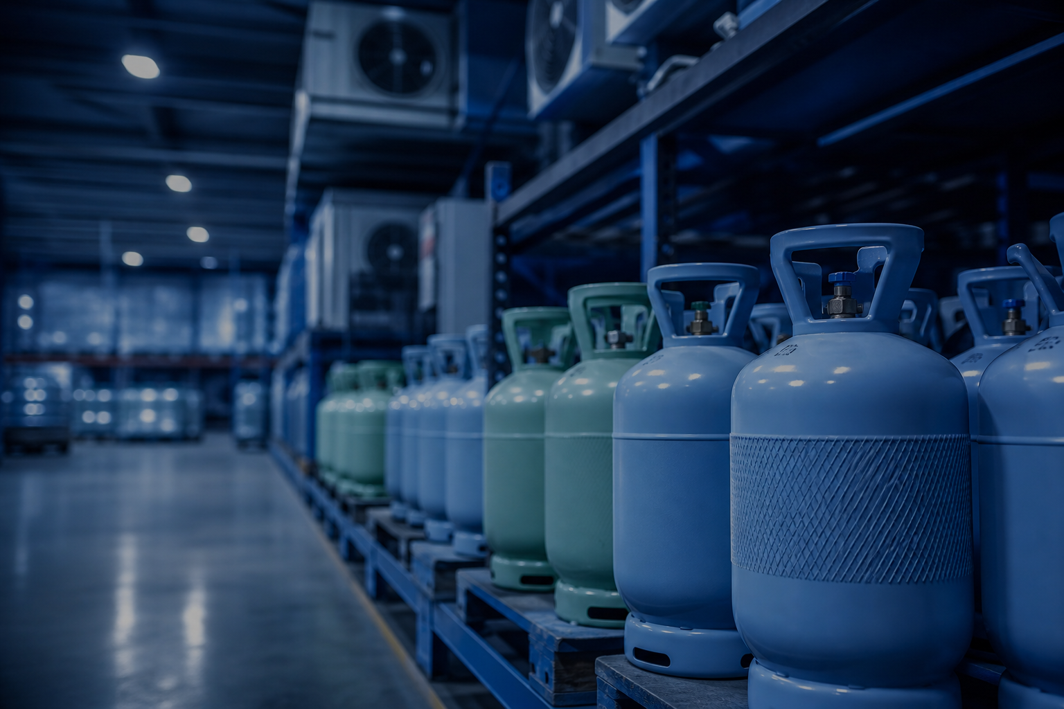Refrigerant cylinders in MaxCool warehouse