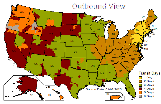 Estimated UPS Ground transit days from the shipping origin across the United States