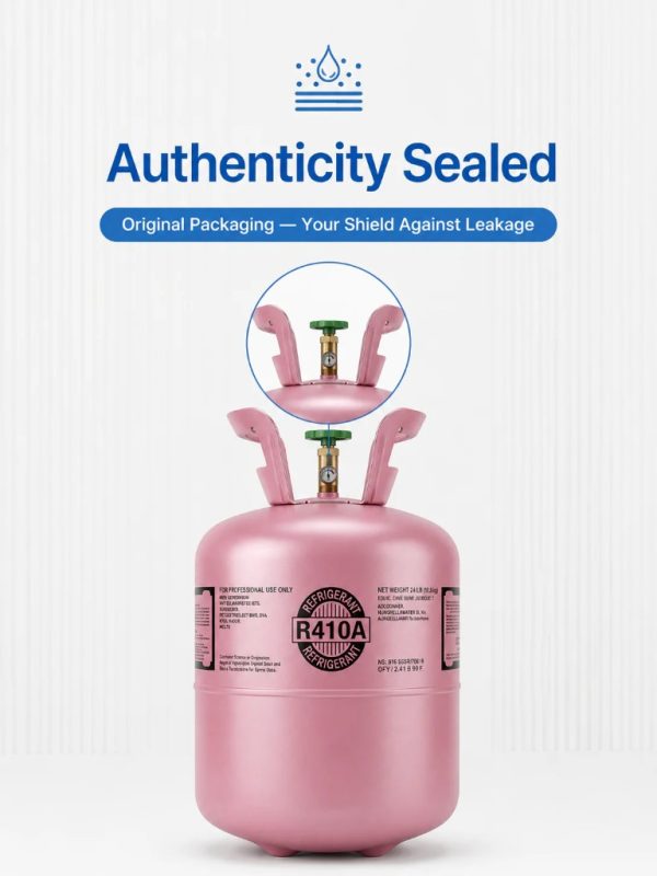 Authenticity sealed R-410A cylinder in original packaging
