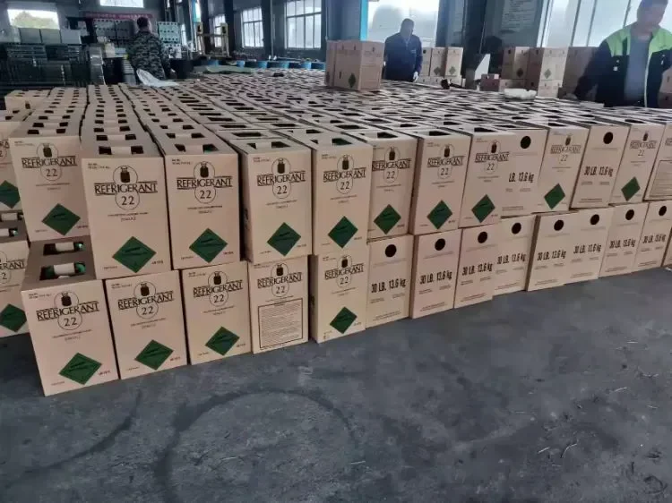Boxed refrigerant 22 cylinders stacked in the warehouse